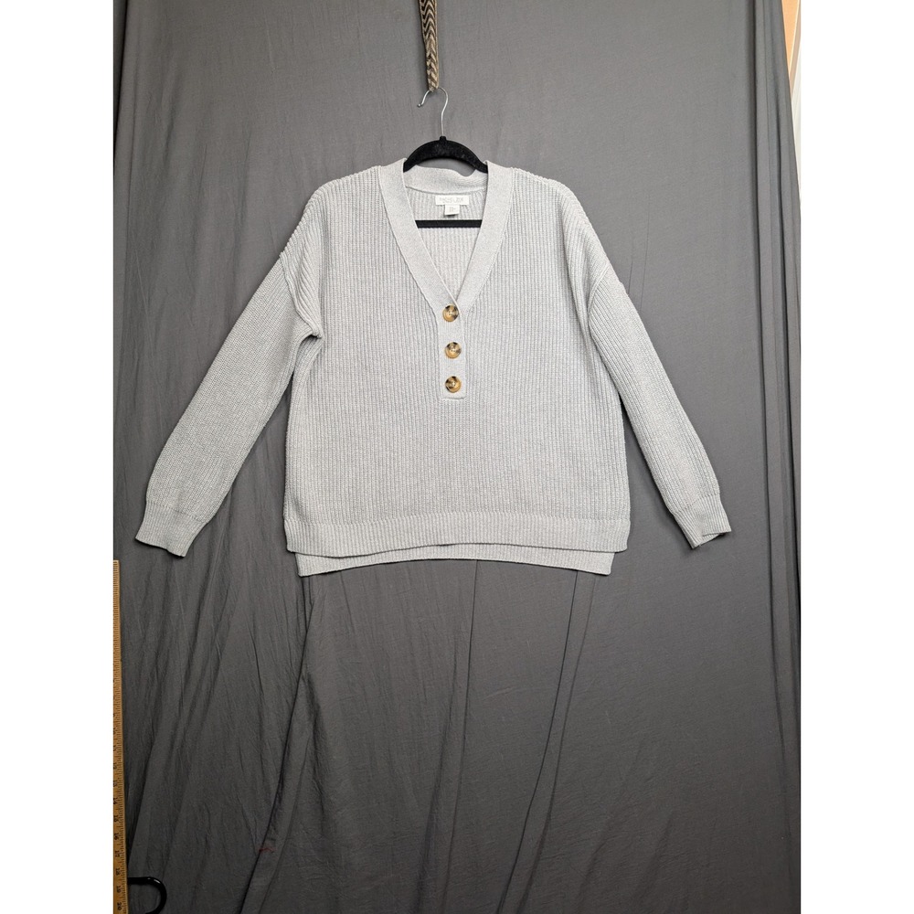 Rachel Zoe Womens Gray Ribbed Henley V-Neck Pullover Sweater Size Medium‎